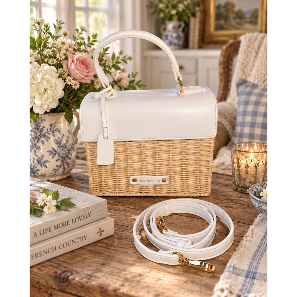 Modern Picnic The Snacker White Vegan Leather Wicker Insulated Lunch Box Bag